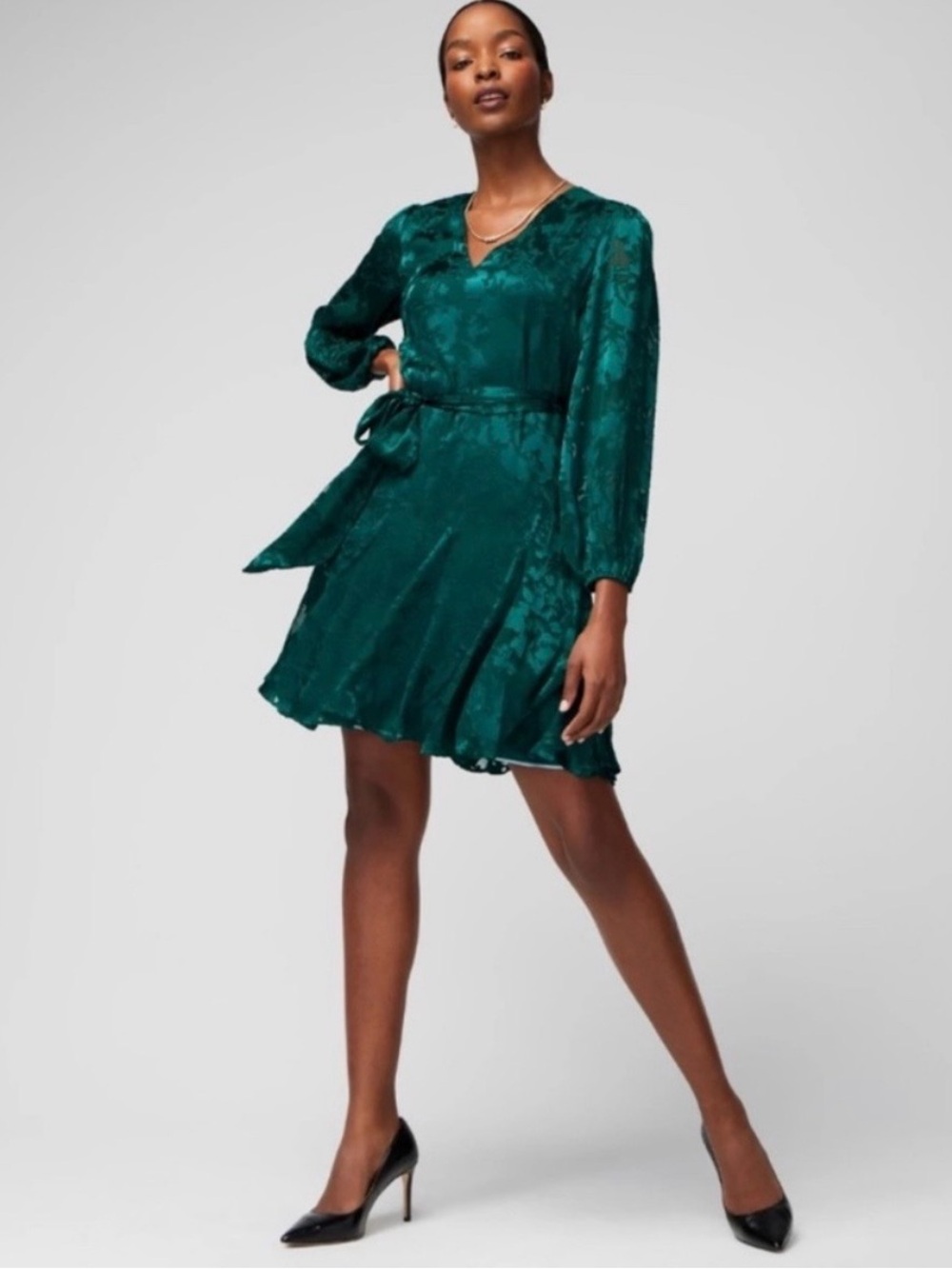 WHBM Emerald Green V-Neck Tie-Waist Dress
